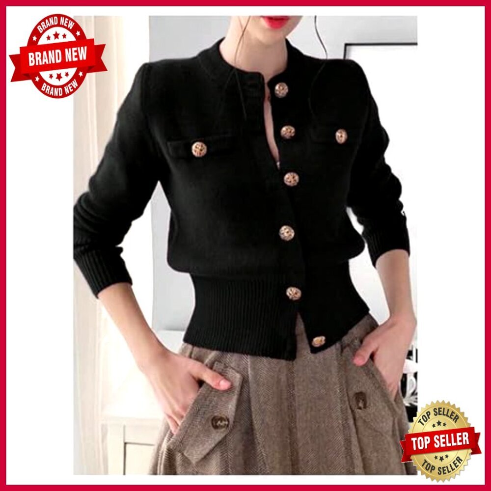 Fitted Cropped Cardigan Long Sleeve Button Up Knit Sweater Fall Fashion - Picture 5 of 5